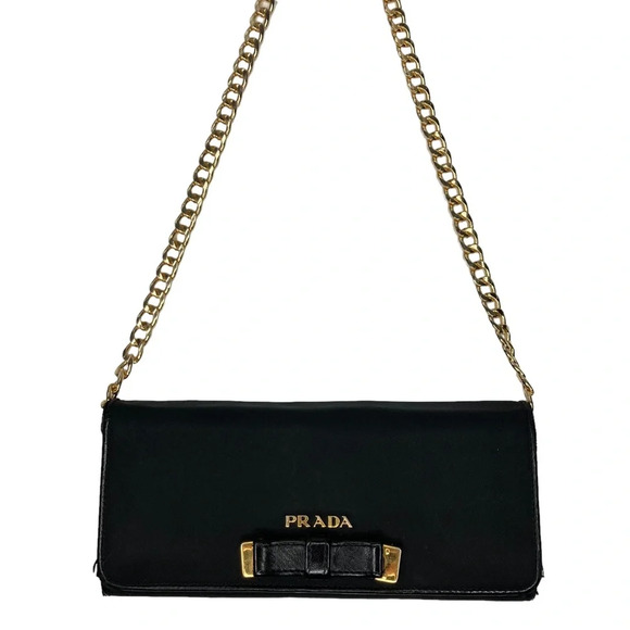 RARE Authentic PRADA Black & Gold Bow Long Slim Carryall Wallet on a Gold Chain - Picture 3 of 15